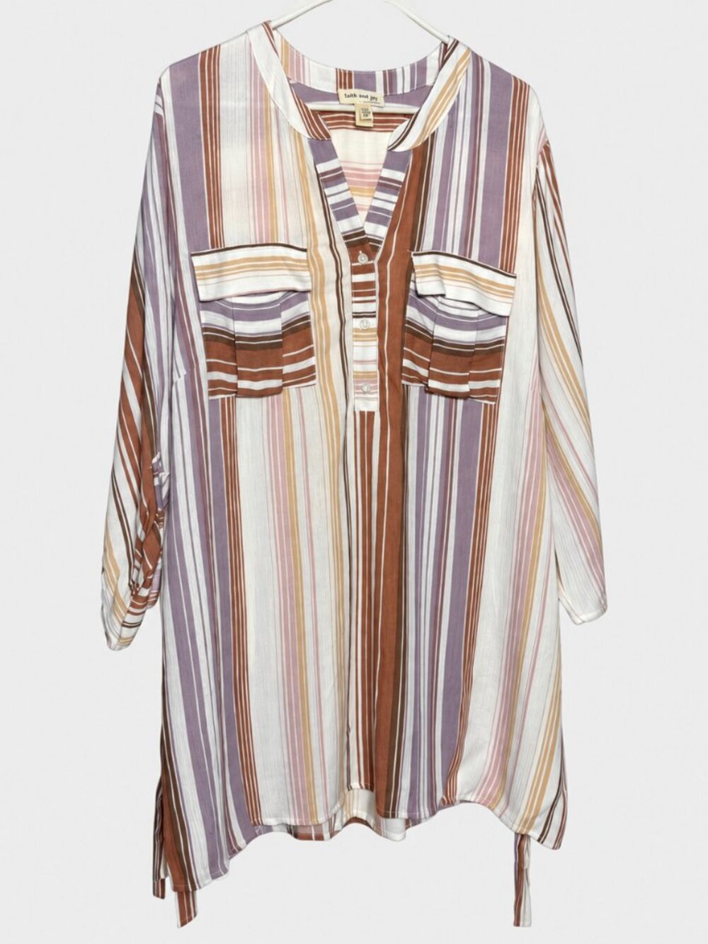 Faith and Joy Striped Belted Tunic Shirt Dress Roll Tab Sleeve Pockets 3X #0019
